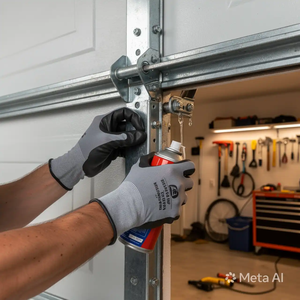 Garage door maintenance performed by a professional technician inspecting and servicing garage door components