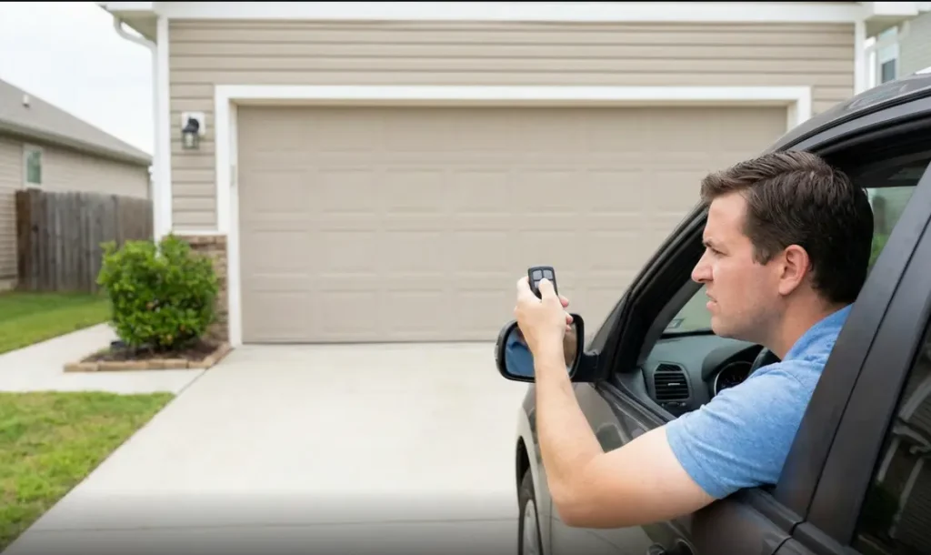 Frustrated driver leaning out of his vehicle window pressing a remote button toward a closed garage door in Odessa Texas.