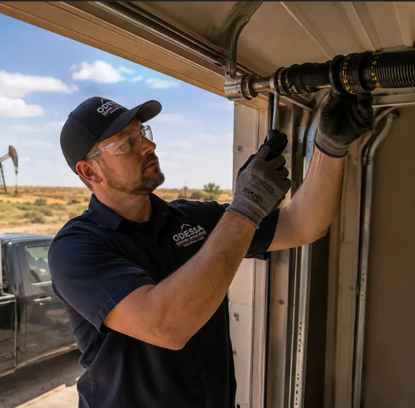 Professional technician repairing broken garage door spring in Monahans TX residential garage