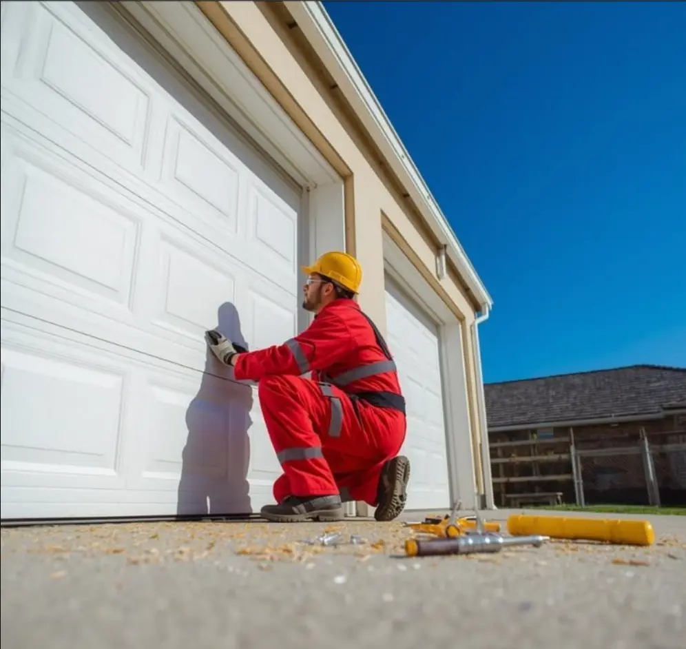 Garage door maintenance technician performing inspection and service in Monahans TX