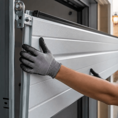 Gloved hands carefully guiding a white sectional steel panel during a garage door off track repair in Odessa TX.