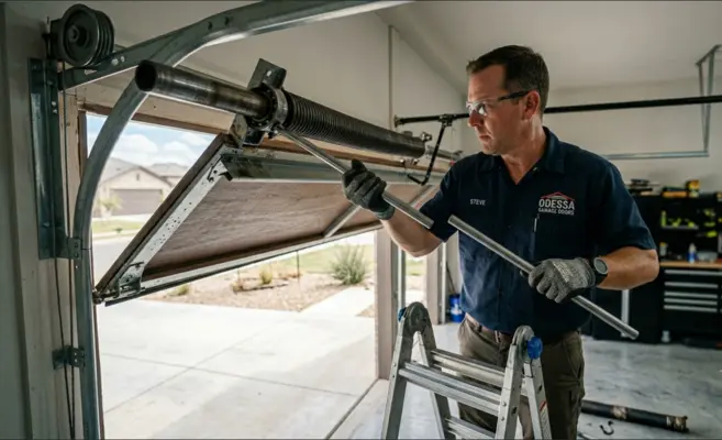 Professional technician replacing a broken torsion spring in Odessa Texas, an essential service detailed in the garage door repair cost guide.