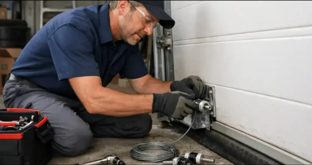 A professional garage door technician wearing safety glasses and gloves installing a new bottom fixture cable on a white sectional garage door in Odessa, Texas.