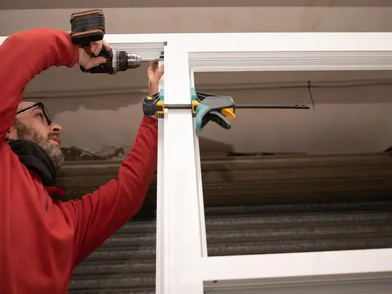 A technician wearing safety glasses uses a power drill to secure a white frame bracket while a clamp holds the structural component in place.