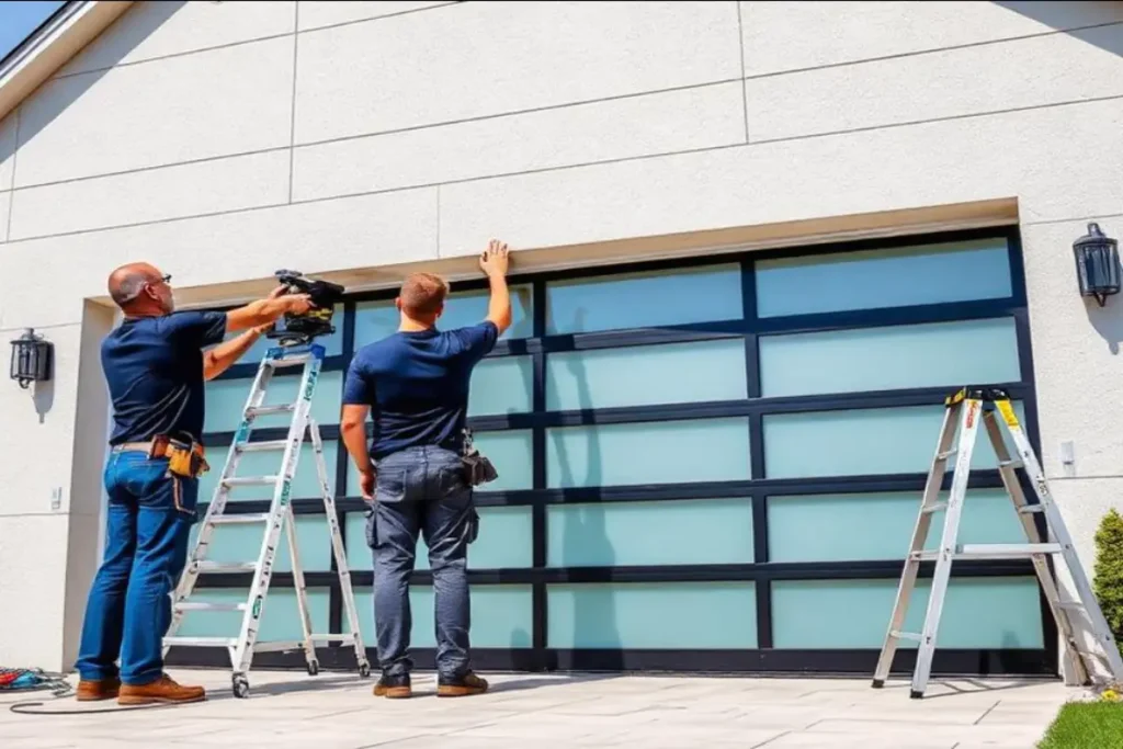 Professional technicians installing a modern black frame glass garage door on a contemporary home, illustrating garage door installation cost in Odessa, TX.