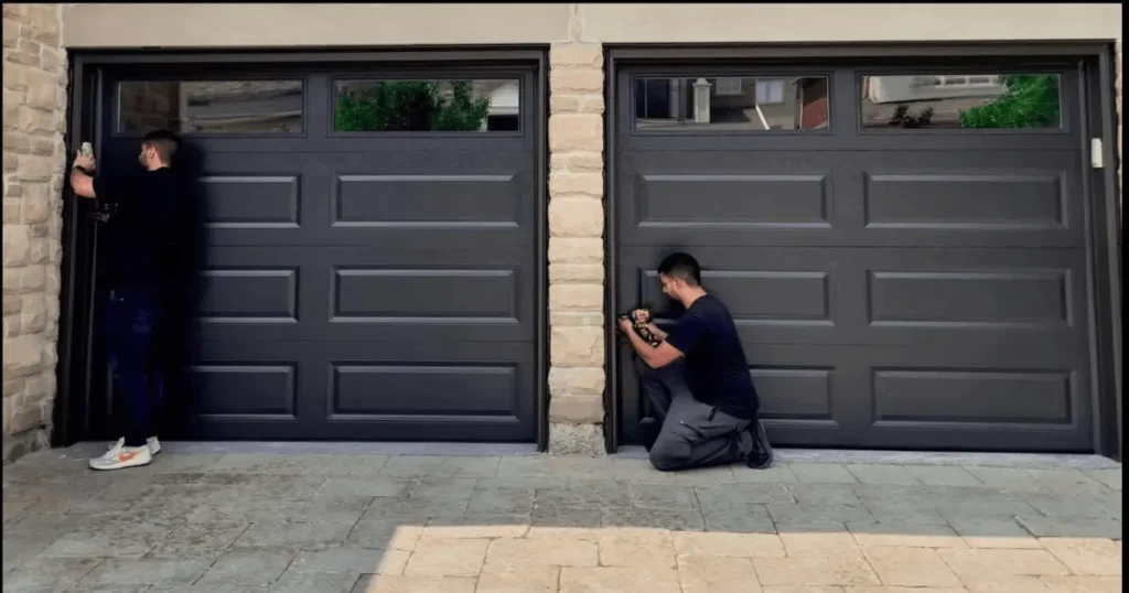 Two professional technicians completing a premium double garage door installation on a modern stone-accented home in Odessa, TX.