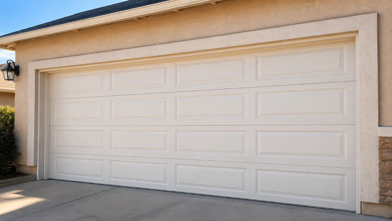 After: The same garage door professionally repaired with a new torsion spring, aligned panels, and smooth operation in Odessa, TX.