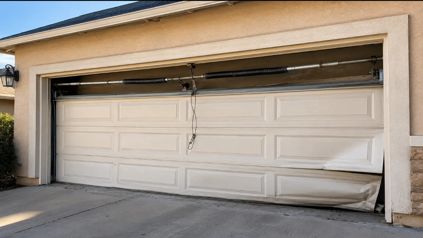 Damaged residential garage door with a broken torsion spring and frayed cable before garage door repair in Odessa TX.