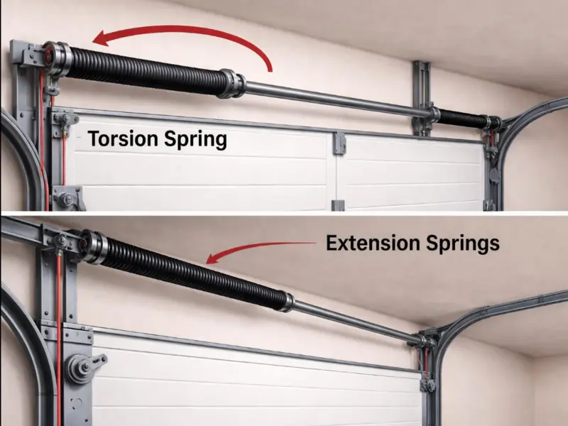 Garage Door Spring Repair Cost Odessa, TX: Diagram comparing horizontal torsion springs and side-mounted extension springs used in residential garage door systems