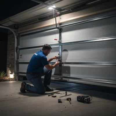 Technician performing emergency garage door repair service on a broken residential garage door