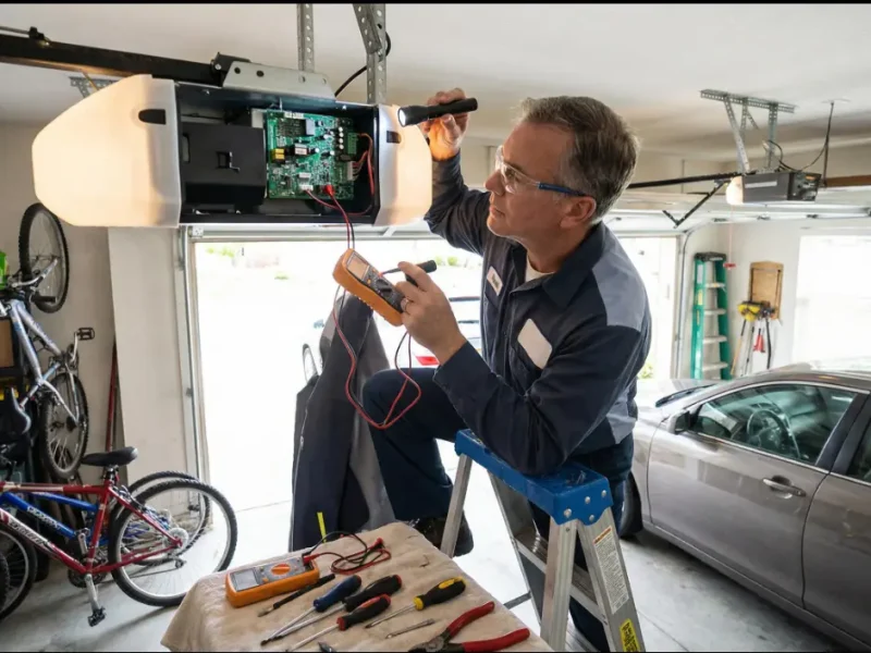 Professional technician on a ladder diagnosing a motorized garage door opener's circuit board using a multimeter and flashlight during a garage door opener repair in Odessa, TX.