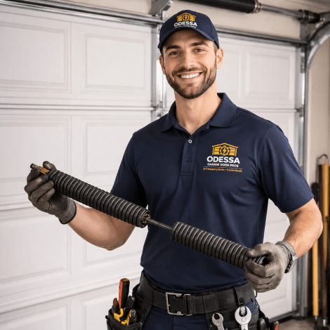 Smiling garage door technician holding a replacement torsion spring during a garage door repair service