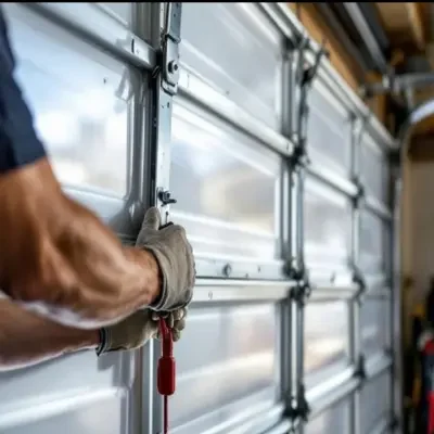 Technician adjusting garage door track, hinge brackets, and emergency release during garage door repair in Odessa TX.